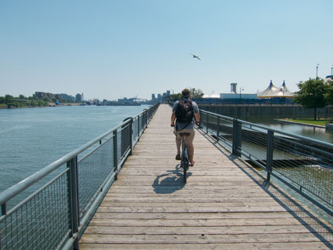 Bike riding along the river in Montreal, Canada.