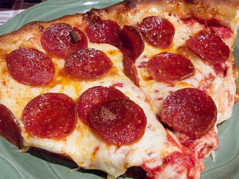 Pepperoni pizza of medium thickness typical of Buffalo, New York