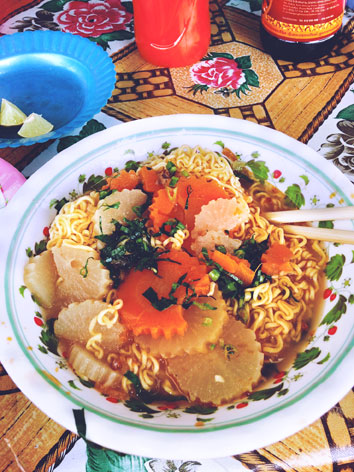 Mee sop, a ramen noodle soup from Cambodia