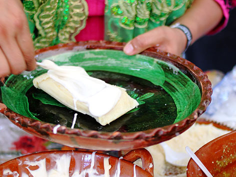 An uchepo tamale in Morelia, Michoacan, Mexico