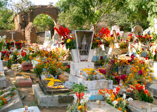 A grave decorated for the Day of the Dead in Oaxaca