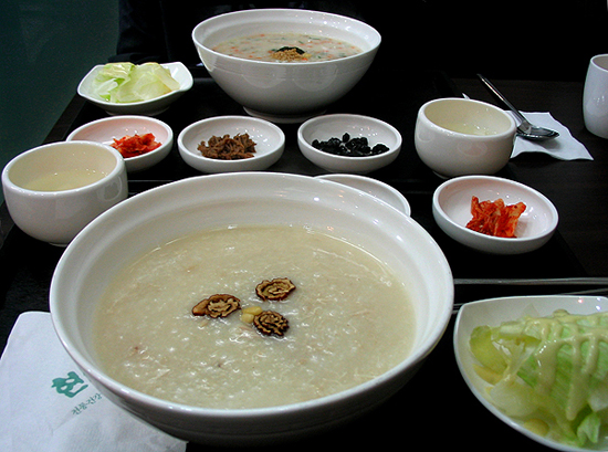 Jook, or congee, plus banchan in Korea