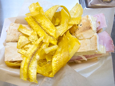 Cuban sandwich and plantain chips from Latin American Grill in Marlins Park, Miami