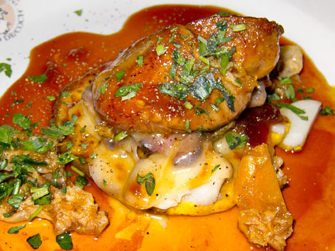 A foie gras dish, the Plogue a Champlain, from Au Pied de Cochon in Montreal