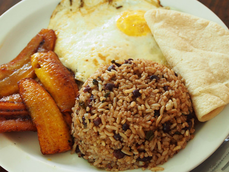 Typical breakfast with gallo pinto, from a soda in Costa Rica