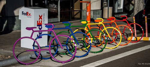 Rainbow-colored bike stalls in Hillcrest, San Diego