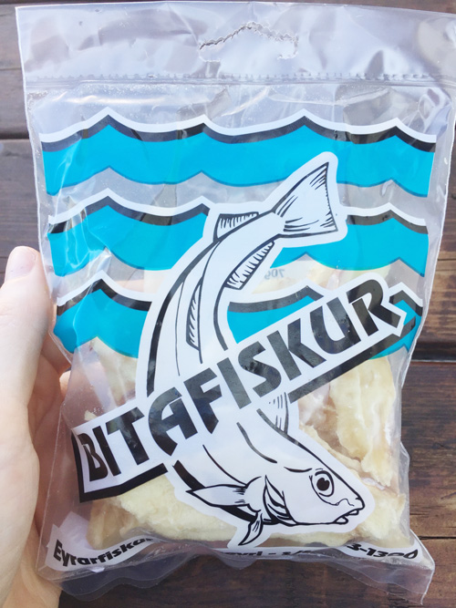 A bag of bitafiskur dried fish from a supermarket in Iceland.