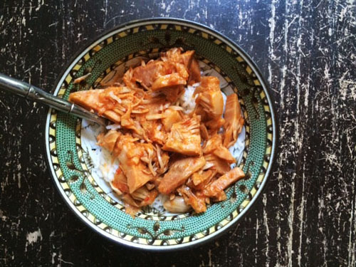 Carnitas-style jackfruit over rice, from Upton's Naturals. 