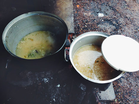 Pots of bor bor rice porridge in Cambodia