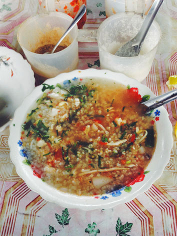 Bowl of Khmer bor bor rice porridge from Cambodia