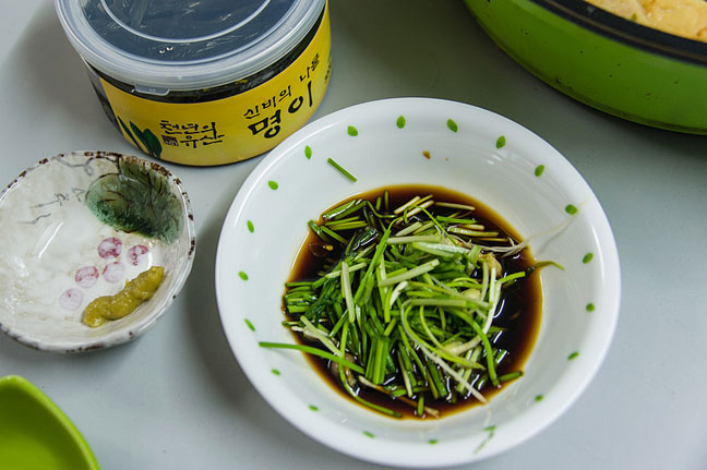 Korean greens in wasabi soy sauce