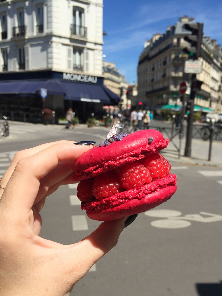 Marie-Antoinette pastry, a raspberry macaron, at Carl Marletti in Paris