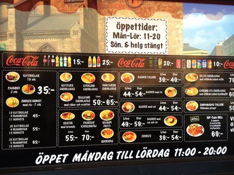 Menu at La Empanada in Malmo, Sweden