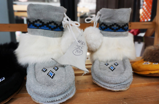 Moccasin booties for sale at the Saskatoon farmers market in Saskatchewan.