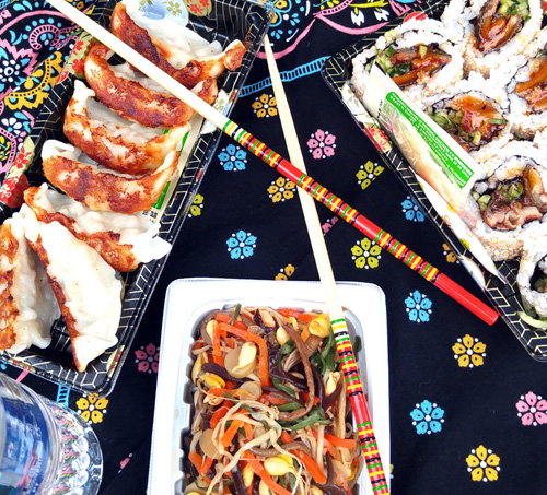 Japanese dumplings, sushi and salad from Super Mira, Japantown, San Francisco