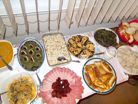 A table spread with homecooked Georgian food