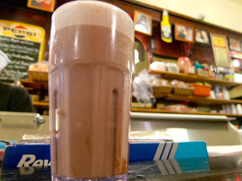 An egg cream at Eisenberg's Sandwich Shop in New York City