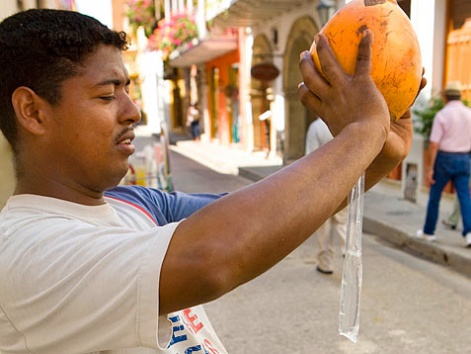 Fresh coconut water on the street in Cartegena, Colombia