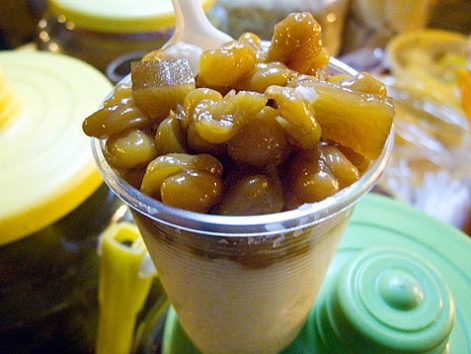 A cup of arroz con leche and garbanzo from a street cart in Oaxaca, Mexico. 