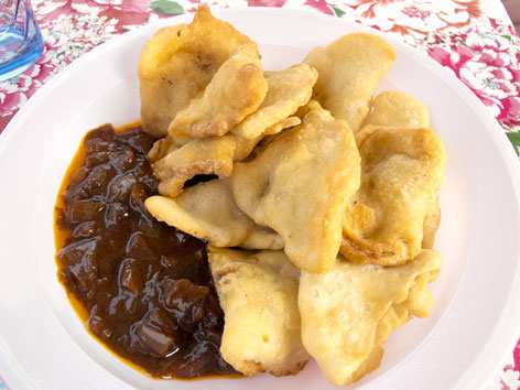 A plate of Senegalese fataya and kaani sauce from Ile de N'Gor, Dakar