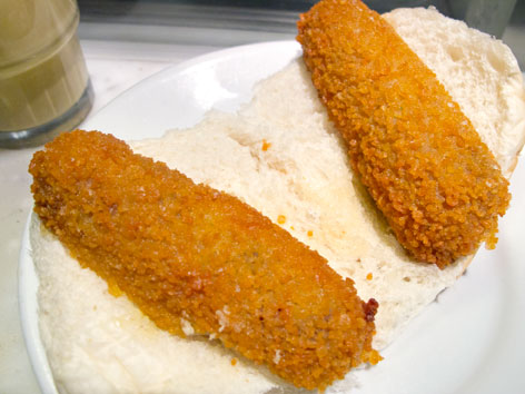 Two kroketten (croquettes) on bread from Eetsalon Van Dobben in Amsterdam. 