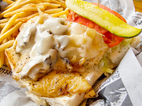 A hogfish sandwich with fries from Hogfish Bar and Grill in the Florida Keys.