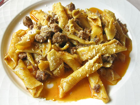 A plate of maccheroni al pettine from Enoteca Quattrochiacchiere in Modena, Italy. 