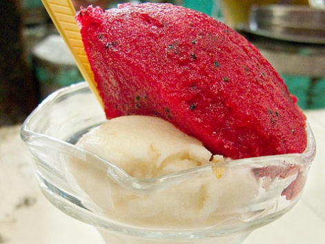 Leche quemada con tuna, a type of nieve or ice cream, from Oaxaca, Mexico.