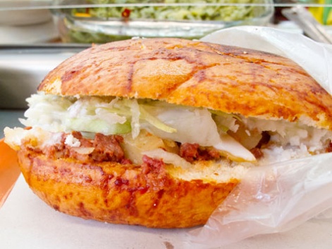 A pambazo de choripapa from El Paraiso in Mexico City.