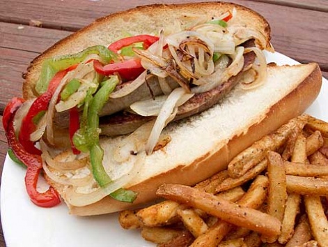 A sausage and peppers sandwich with fries from Sawmill Cafe on the Seaside Boardwalk.