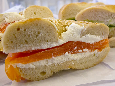 Smoked fish and cream cheese on a bagel from Russ and Daughters in New York CIty. 