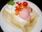 A typical Czech palacinky, or sweet pancake, from Kavárna Slavia in Prague, Czech Republic