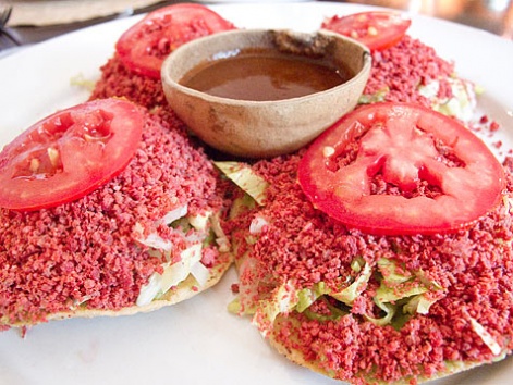 Tostadas de salchicha from La Olla in Oaxaca, Mexico.