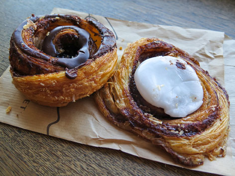 Kanelsnegl and direktorsnegl pastries from a Copenhagen bakery, Denmark.